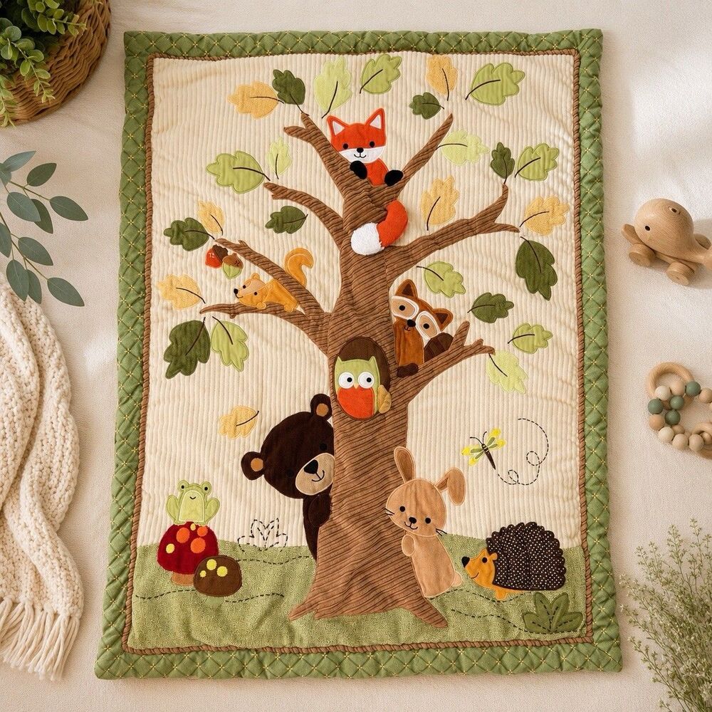 Lambs & Ivy ECHO Woodland Crib Quilt Comforter Fox Owl Bear Hedgehog Rattle